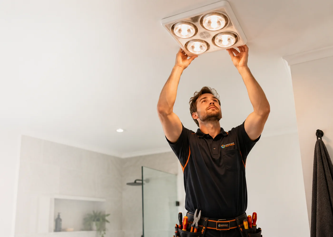 A Landmark Electrical electrician fitting a 4 lamp heater into a bathroom ceiling